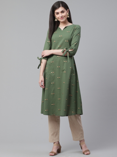 

AHIKA Women Olive Green & Orange Floral Print A-Line Kurta