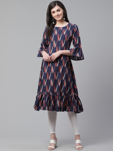 

AHIKA Women Navy Blue & Orange Printed A-Line Kurta