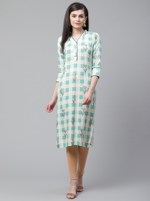 

AHIKA Women Off-White & Sea Green Checked With Floral Print Straight Kurta