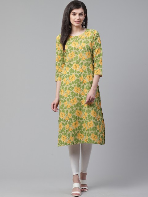 

AHIKA Women Green & Mustard Yellow Floral Print Straight Kurta