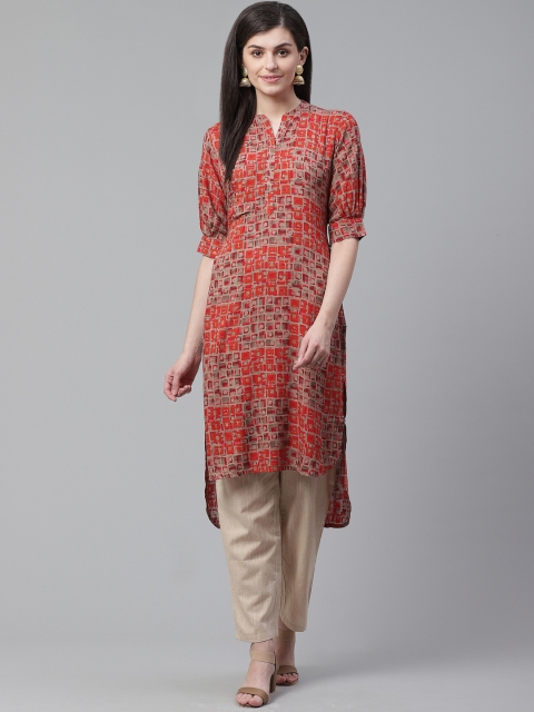 

AHIKA Women Taupe & Orange Printed Straight High-Low Kurta