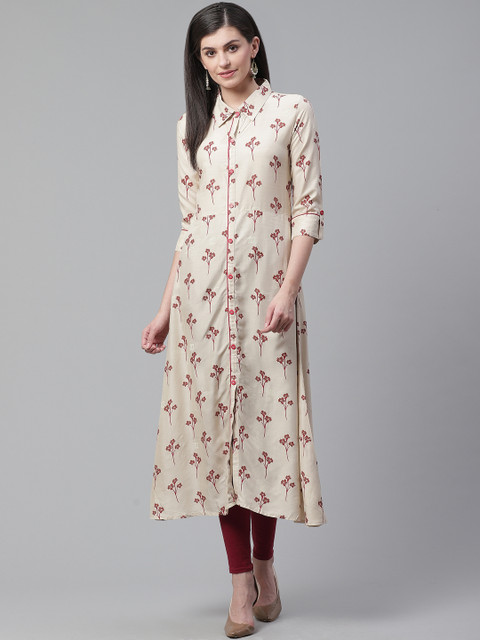 

AHIKA Women Cream-Coloured & Maroon Floral Print Straight Kurta