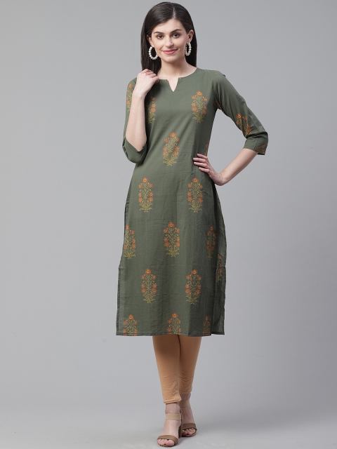 

AHIKA Women Olive Green & Orange Printed Straight Kurta