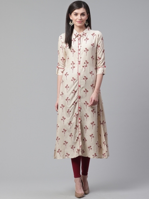 

AHIKA Women Beige & Maroon Floral Print A-Line Kurta