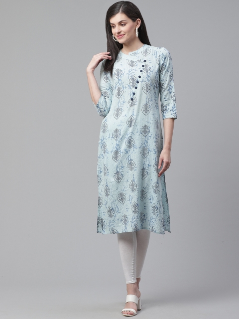 

AHIKA Women Blue Embroidered Ethnic Printed Straight Kurta