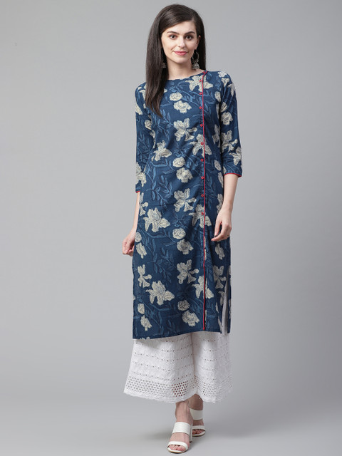 

AHIKA Women Navy Blue & Beige Printed Straight Kurta