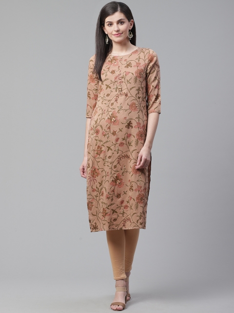 

AHIKA Women Beige & Olive Green Floral Printed Straight Kurta
