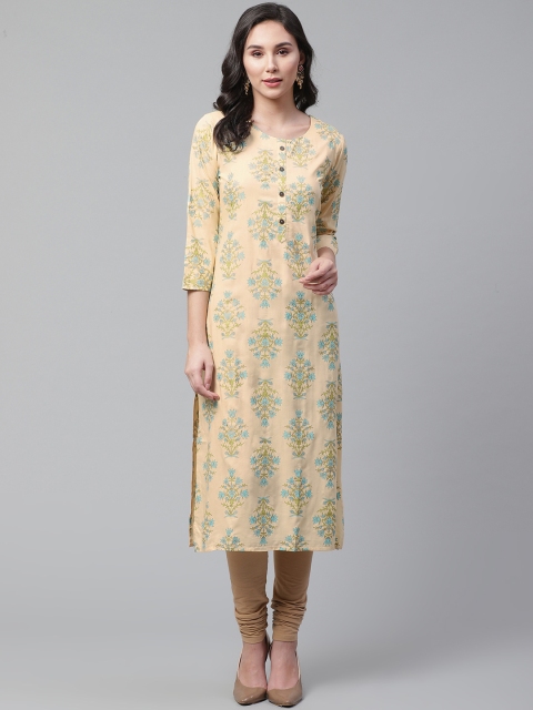 

AHIKA Women Cream-Coloured & Blue Ethnic Printed Straight Kurta