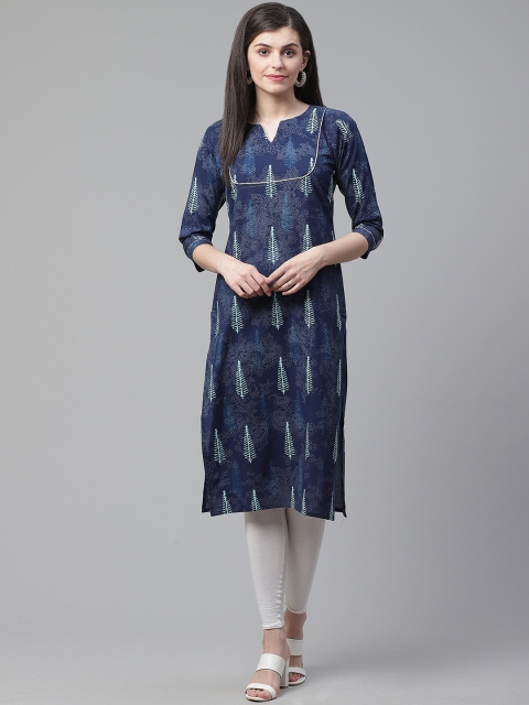 

AHIKA Women Navy Blue & Off-White Printed Straight Kurta
