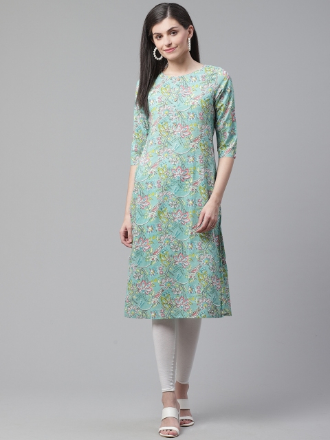 

AHIKA Women Sea Green & Pink Floral Printed Straight Kurta
