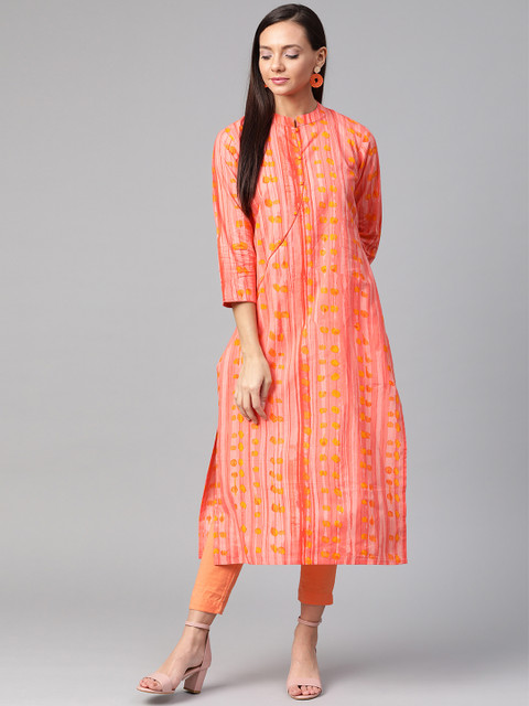 

AHIKA Women Peach-Coloured & Mustard Yellow Striped Straight Kurta