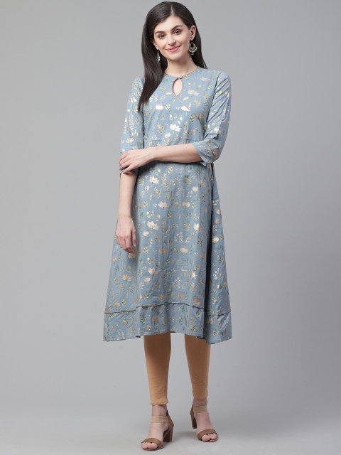 

AHIKA Women Grey & Golden Printed Angrakha A-Line Kurta