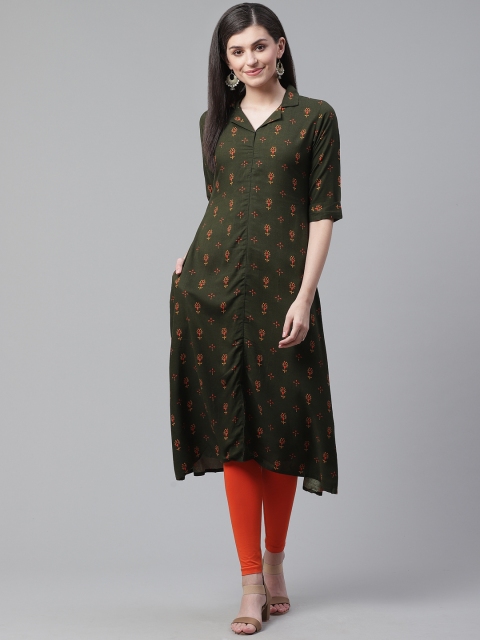 

AHIKA Women Green & Orange Printed A-Line Kurta