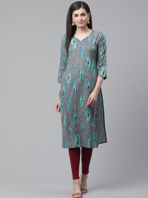

AHIKA Women Grey & Green Printed Straight Kurta