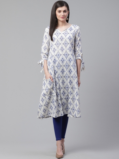 

AHIKA Women White & Blue Printed A-Line Kurta