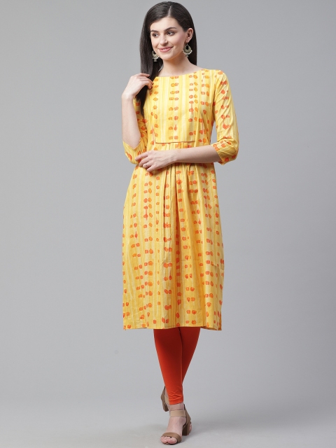 

AHIKA Women Yellow & Orange Printed A-Line Kurta