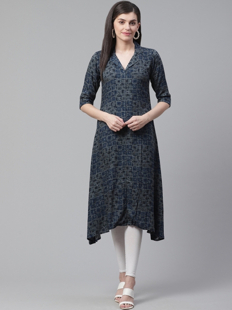 

AHIKA Women Navy Blue & Grey Printed Asymmetric Hemline A-Line Kurta