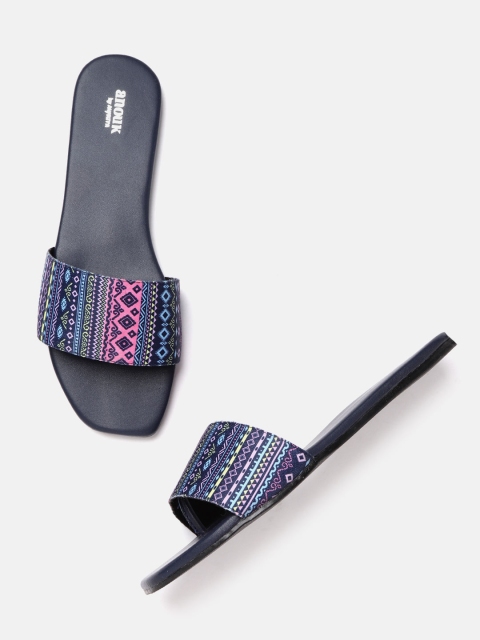 

Anouk Women Navy Blue & Pink Geometric Print Open Toe Flats