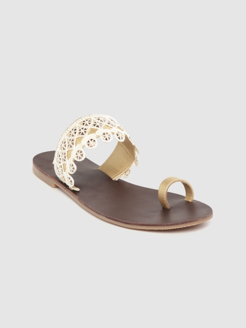 

Anouk Women Gold-Toned & White Embellished Handmade One Toe Flats