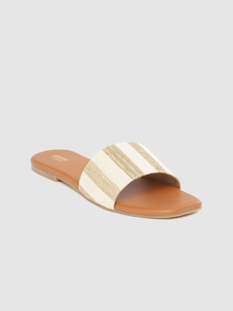 

Anouk Women Off-White & Gold-Toned Striped Handmade Open Toe Flats