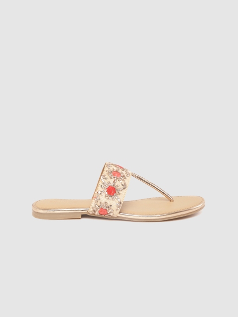 

Anouk Women Beige & Gold-Toned Embellished T-Strap Flats