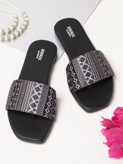 Women Black Printed Open Toe Flats