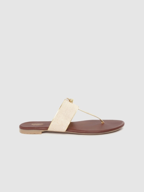 

Anouk Women Beige & Gold-Toned Textured T-Strap Flats