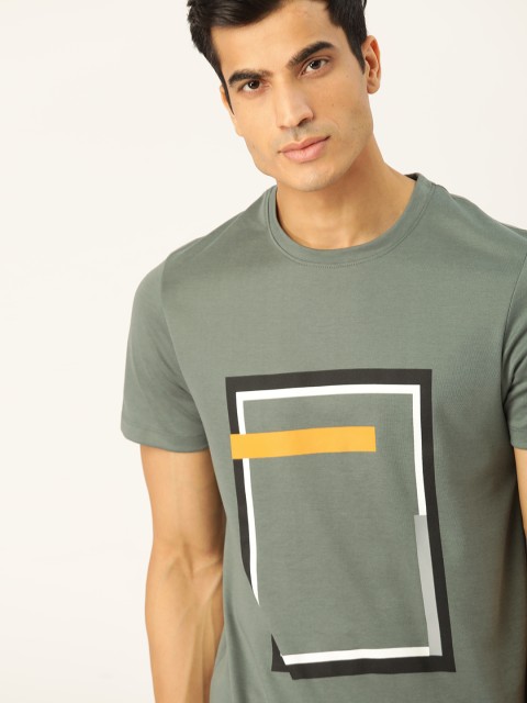 

ether Men Olive Green & Grey Printed Round Neck T-shirt