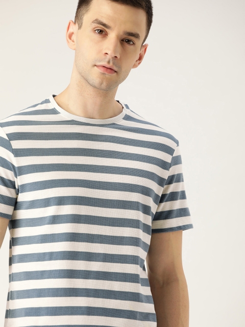 

ether Men Blue & Off-White Striped Round Neck T-shirt