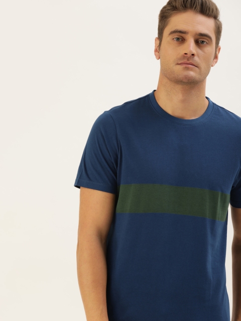 

ether Men Blue Green Striped Round Neck Pure Cotton T-shirt