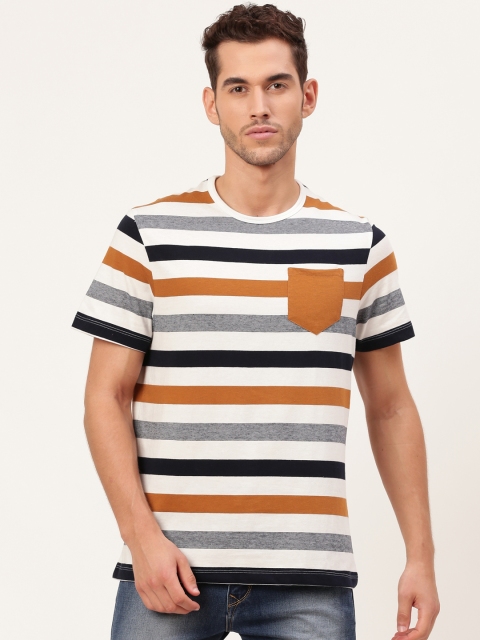 

ether Men White and Black Striped Round Neck T-shirt