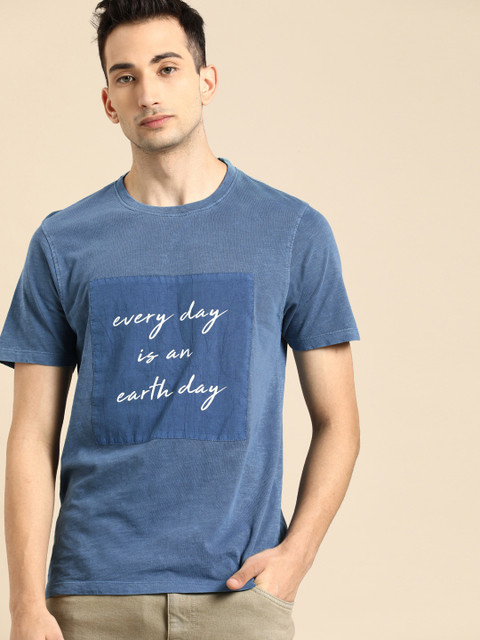 

ether Men Blue Printed Round Neck T-shirt