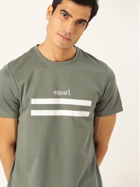 

ether Men Olive Green & White Printed Round Neck T-shirt