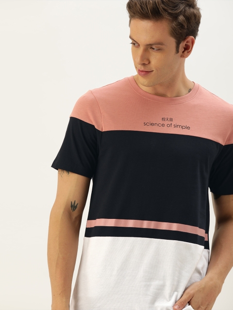 

ether Men Pink & Navy Blue Colourblocked Round Neck T-shirt