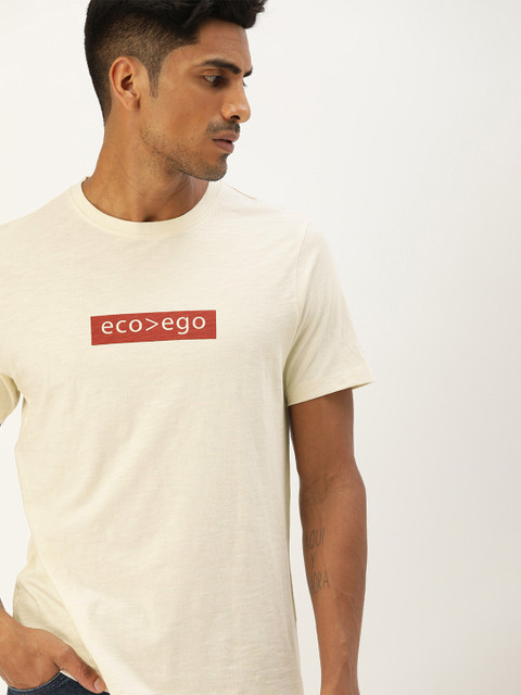 

ether Kora Men Off-White Sustainable Unbleached Fabric Solid Round Neck T-shirt with Print