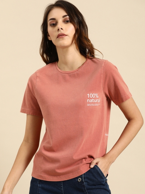 

ether Women Pink Solid Kora Natural Dyed Round Neck T-shirt