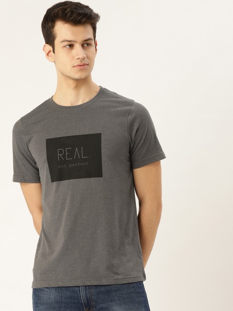 

ether Men Charcoal Grey & Black Printed Round Neck T-shirt