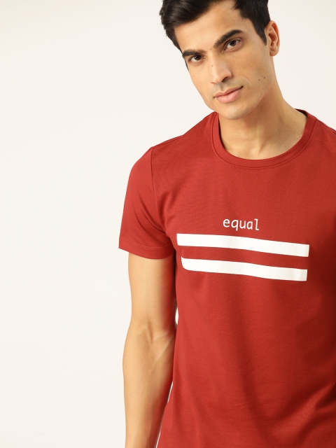 

ether Men Rust Red & White Printed Round Neck T-shirt