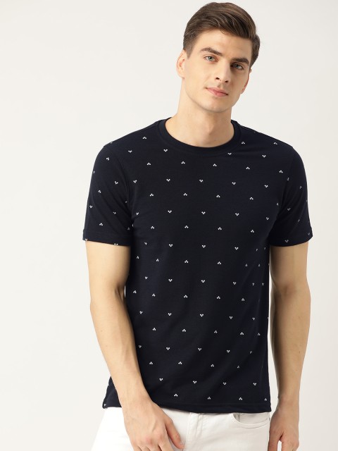 

ether Men Navy Blue & White Printed Round Neck T-shirt