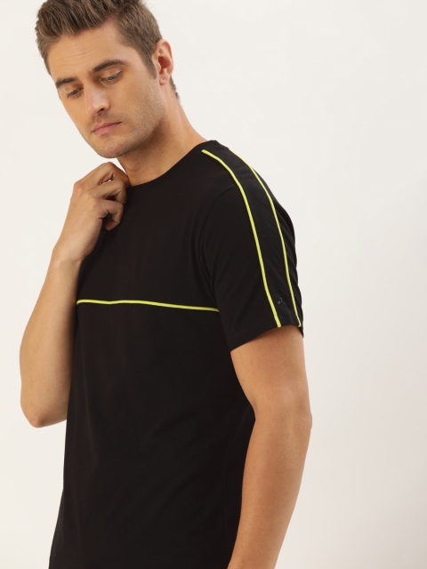 

ether Men Black Solid Round Neck Pure Cotton T-shirt with Stripe Detail