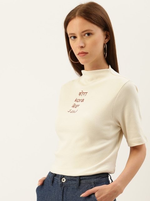

ether Kora Women Off White Sustainable Unbleached Printed High Neck Sustainable T-shirt