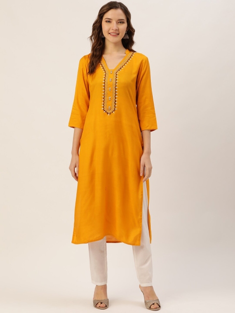 

Jaipur Kurti Women Mustard Yellow Embroidered Detail Straight Kurta