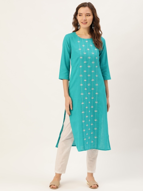 

Jaipur Kurti Women Blue & White Mirror Work Embroidered Straight Kurta