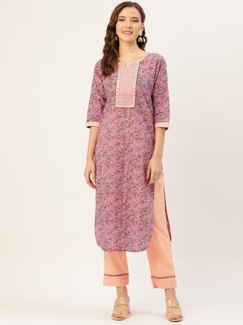

Jaipur Kurti Women Purple & Peach-Coloured Printed Kurta with Trousers