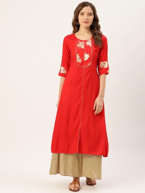 

Jaipur Kurti Women Red & Golden Floral Foil Zari Yoke Design A-Line Kurta