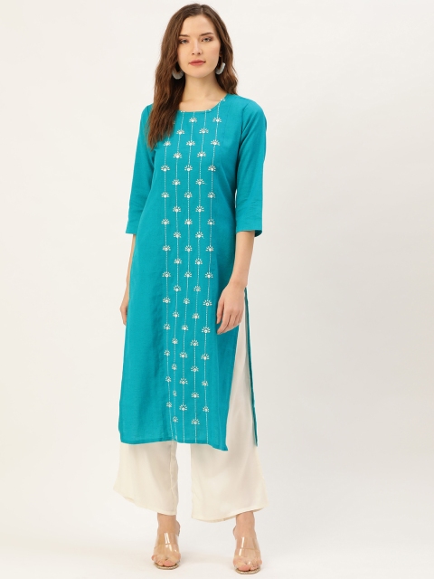

Jaipur Kurti Women Blue & Off-White Mirror Work Embroidered Kurta with Palazzos