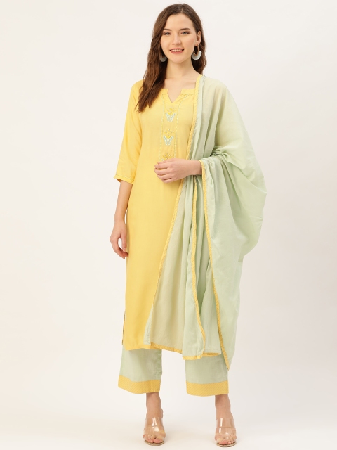 

Jaipur Kurti Women Yellow & Green Solid Kurta with Palazzos & Dupatta
