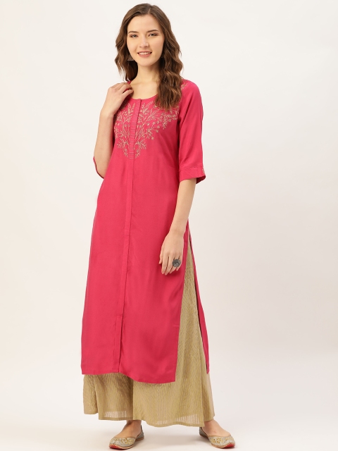 

Jaipur Kurti Women Pink & Golden Floral Zari Embroidered Yoke Design Straight Kurta