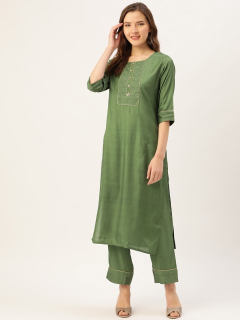 

Jaipur Kurti Women Green Zari Yoke Design Kurta with Palazzos