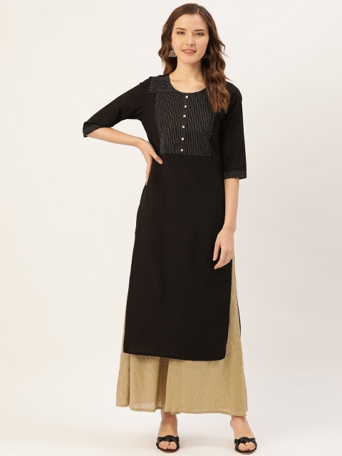 

Jaipur Kurti Women Black Zari Embroidered Yoke Design Straight Kurta
